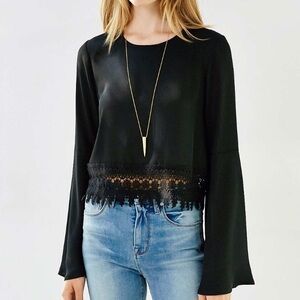 Urban Outfitters Black Crochet-Hem Long Sleeve Blouse